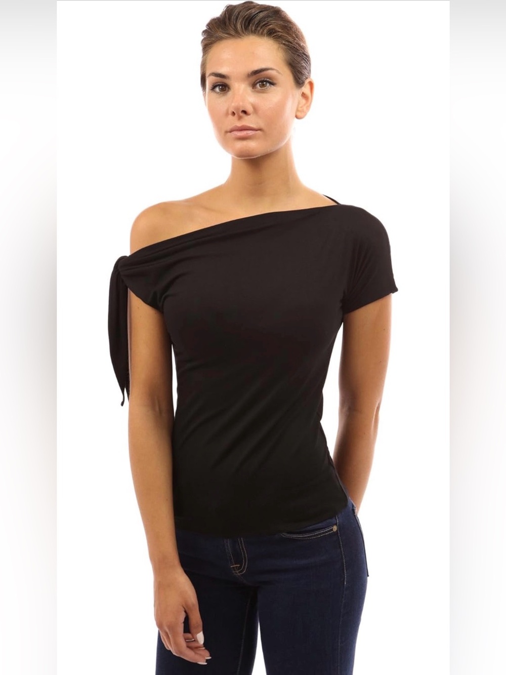 PattyBoutik Black Asymmetrical Off-Shoulder Knot Sleeve Top